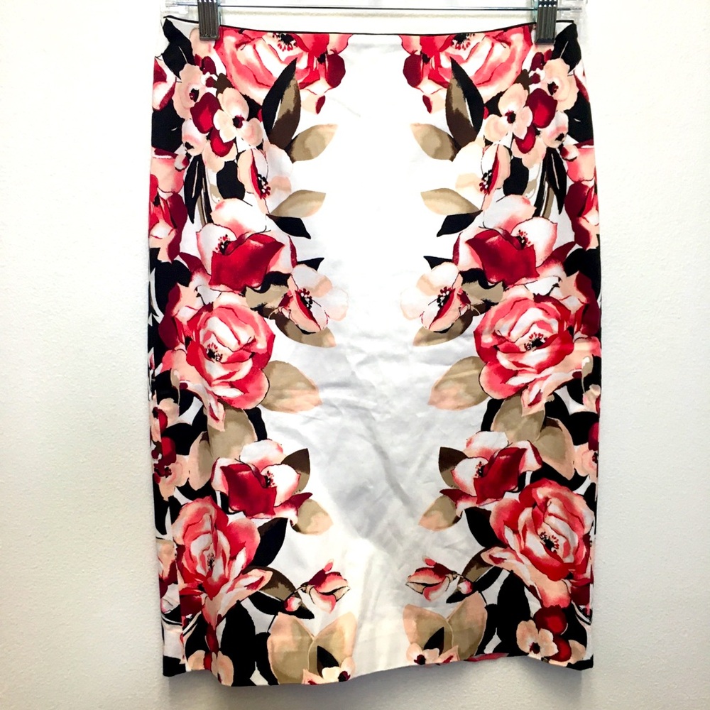 White House Black Market Floral Pencil Skirt Size 0 White Pink Cotton Stretch